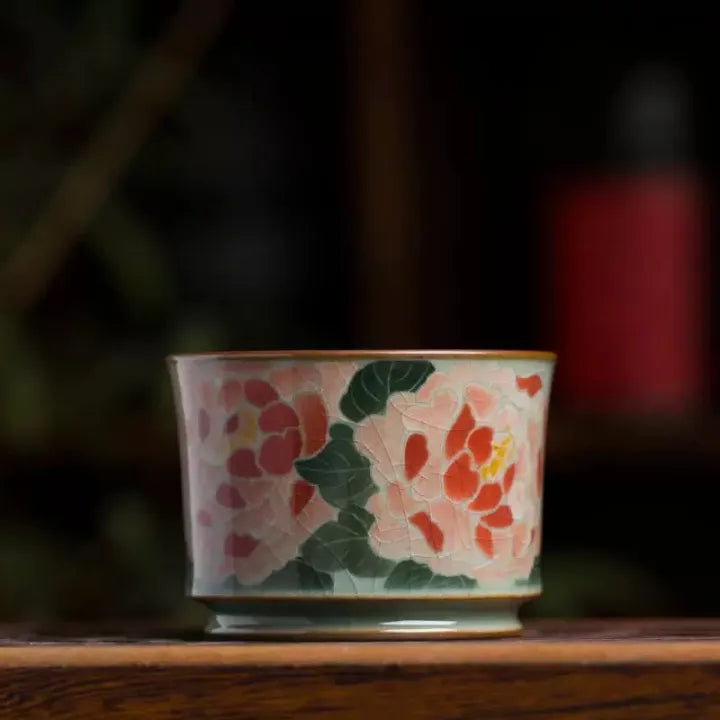 Jingdezhen Hand-Painted Peony Horseshoe Cup Entirely Handcrafted Vintage Underglaze Five-Colour Ceramic Cup